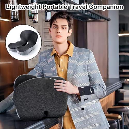 Memory Foam Office Chair Cushion, L-Shaped Integrated Seat Cushions, Chair Seat Cushion for Lower Back Tailbone Protection, Lumbar Support (Black Gray)