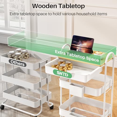 SNTD 3 Tier Utility Rolling Cart with Wheels - Smooth Sliding Drawers, Wooden Tabletop, Hanging Buckets for Kitchen, Art Room, Office, Bathroom (White)