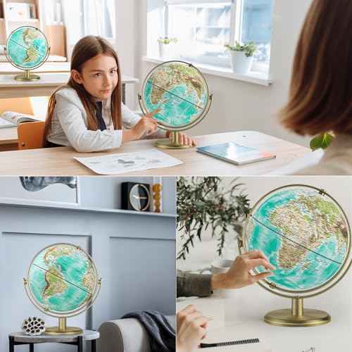 8'' World Globe with Gold Stand 720¡Æ Rotating, Kids Adults Student Geography Educational, Desk Globe Decorative Office Classroom, Unique Birthday Christmas Gifts (Elegant Turquoise)