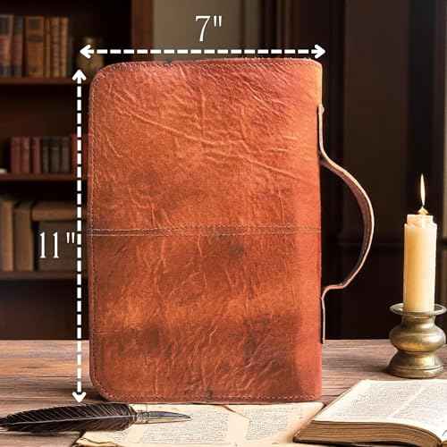 Leather Bible Cover Book Cover Planner Cover with Zipper & Handle and Inner Pocket for Men and Women- Church Bag Carrying Case Christian Religious Gifts (Brown, Medium)