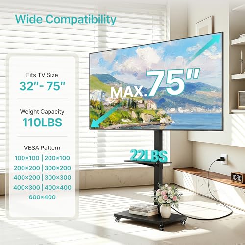 PEGZONE Rolling TV Stand with Power Outlet for 32-75 Inch TVs up to 110 lbs - with Power Outlet