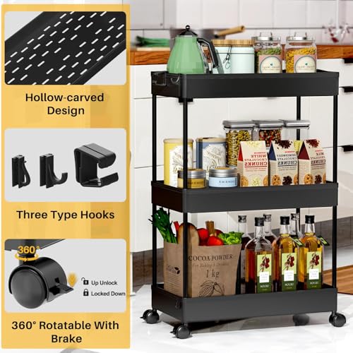 SPACELEAD 3 Tier Rolling Cart with Wheels, Storage Craft Art Trolley Organizer Serving, 3 Hanging Baskets Easy Assembly, for Office, Living Room, Kitchen, Black