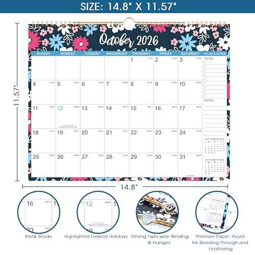 2026 Wall Calendar - Jan 2026 - Dec 2026, 12 Months Hanging Monthly Calendar 2026, 14.8" x 11.57", Twin-Wire Binding, Julian Dates, Large Block, Notes, To-do List, Thick Paper, Perfect for Organizing