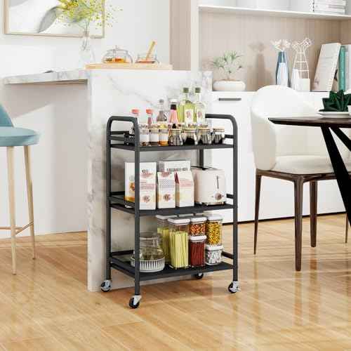 HDANI 3 Tier Rolling Cart Shelves,Heavy Duty Multifunctional Metal Frame-Supports 22 Lbs Per Tier,Rolling Cart with 2 Lockable Wheels for Home,Office,Kitchen,Bathroom,Bedroom,Black