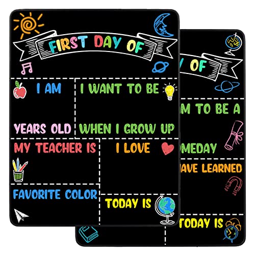 Sunboom Reusable First Day of School Sign 14x11 in Double-Sided Kindergarten & Preschool Board - Colorful Back to School Chalkboard Sign for Kids, 1pcs