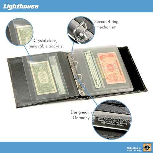 LIGHTHOUSE - Currency Album for Graded Banknotes and Currency Sleeves - Classic Leatherette Handmade 3-Ring Binder with 20 Pages - Additional Pages Available (8 1/4" x 9 1/2" x 1 3/4")