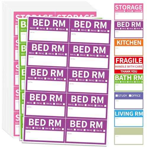 170 Home Moving Labels, 3.4 x 2 inches, 8-Color Coded Packing Box Stickers with Fragile and Blank Customizable Labels