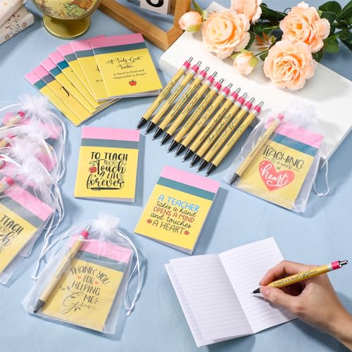 ReliThick 50 Sets Christmas Teachers Notebook Pens Bulk Teacher Appreciation Gift Inspirational Notebook Journal Glitter Ballpoint Pens with Organza Bag for Woman Coworker Staff Office