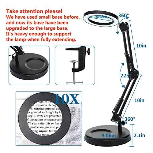 HITTI 10X Magnifying Glass with Light, 1,800 Lumens Stepless Dimmable, 3 Color Modes, 4.2¡È Real Glass Lens LED Magnifying Desk Lamp & Clamp, Magnifier Light and Stand for Crafts Welding Close Work