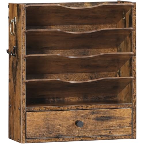 HOOBRO Wall File Organizer, Mail Organizer Wall Mounted, Wooden Literature Organizer, Construction Paper Organizer with Drawer Storage and 2 Hooks, for Office, Classroom, Home, Rustic Brown FG14WF01