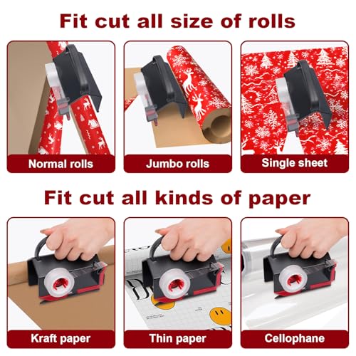 Wrapping Paper Cutter & Tape Dispenser? Dual-Use Gift Wrap Tool with 4 Tapes & 2 Replacement Blades ? Paper Roll Holder for Christmas, Birthday, Holiday ? Sliding Slicing Tube Design (2-Pack)