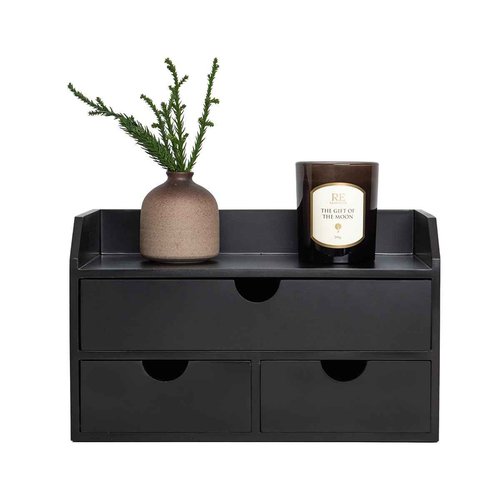 ROSE BLOOM Black Wood Desk Organizer with 3 Drawer, Mini Cute Cabinet with Storage Shelf for Tabletop, Small Desktop Box Organizer for Cosmetic Office Supplies