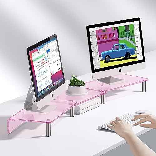 dual monitor stand riser, 3-layer pink acrylic monitor stand with anti slip pad, adjustable length and angle, suitable for 2 monitors, desktop, laptop, PC, printer, TV screen (Pink acrylic)