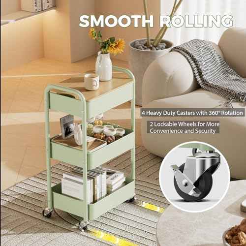 3 Tier Rolling Cart with Table top, Metal Rolling Utility Cart, Sturdy Storage Organizer Cart with Locking Wheels & Hooks for Office, Classroom, Kitchen and Bathroom
