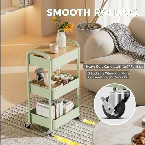Johgee 3-Tier Rolling Cart with Tabletop - Locking Wheels, Removable Top Board, 150lb Capacity (Green)