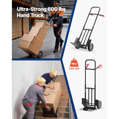 VEVOR Hand Truck, 600 lbs Load Capacity, Heavy-Duty Hand Truck Dolly with Wheels & Telescoping Handle, Portable Trolley Dolly with Tie-Down Strap for Moving Home, Office, Warehouse, Supermarket