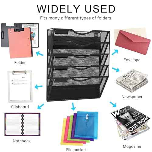5-Tier Magnetic File Holder, No Drilling Installation File Cabinet Organizer, Black Magnetic File Organizer, Magazine Rack, Magnetic Paper Holder for Refrigerator, File Cabinets, Whiteboard