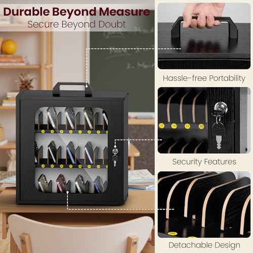 Cell Phone Caddy for Classroom, Adjustable 33 Slots Phone Locker Box for School Home Office Management Easy Assembly Wooden Cellphone Storage Cabinet for Teacher