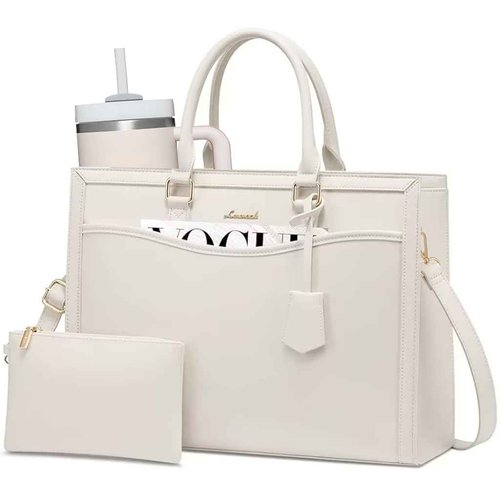LOVEVOOK Laptop Tote Bag for Women, Leather Office Work Bag Briefcase fit for 15.6 inch Laptop, Large Teacher Computer Bag Handbag,2pcs Set Leather/Beige