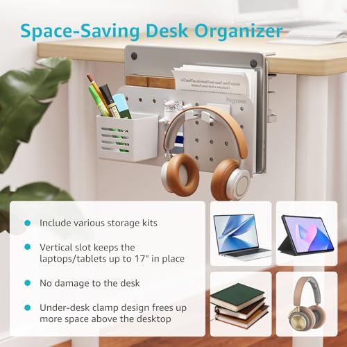 Desk Side Storage Organizer, No Drill Under Desk Laptop Holder, Clamp on Desks Shelf with Pegboard Accessories, Hanging Laptop Mount, Fits Flat Edge 0.4" to 2.2", White