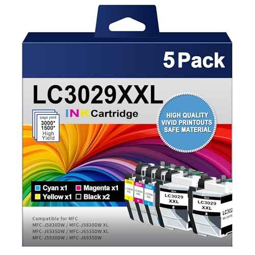 LC3029XXL Ink Cartridges LC30295PK Super High Yield Compatible for Brother LC3029 Ink Cartridges LC3029XXL MFC-J5830DW MFC-J5830DWXL MFC-J5930DW MFC-J6535DW Printer, 5 Pack Cyan Black Magenta Yellow