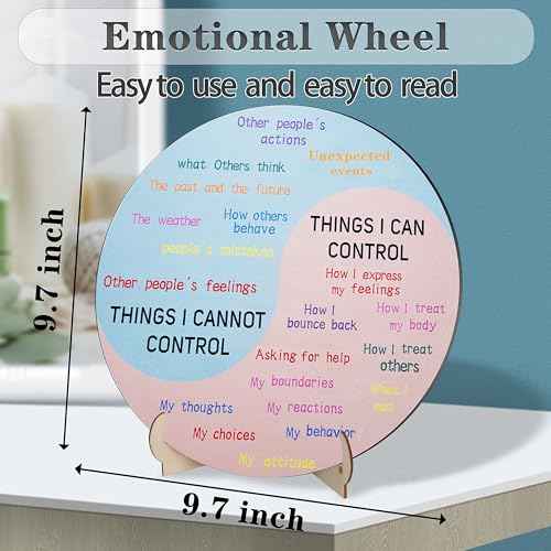 Feelings Wheel Therapy Office Decor, 9.7 Inches Diameter Large Double Sided Mental Health Decor Emotion Wheel with Stand, Wooden Coping Wheel Chart Gifts for School, Therapy Office, 2025 Upgrade