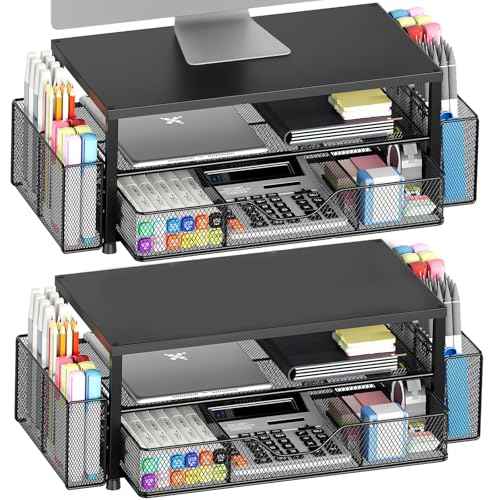 Desk Organizer and Accessories, 2-Tier Computer Monitor Stand Riser with Drawer and 2 Pen Holders, Laptop Stand, Office Desk Accessories for Office Supplies, Black 2-Pack