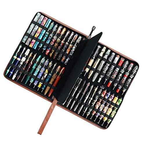Real Leather Pen Case for Fountain Pen/Rollerball Pen, Genuine Cowhide Holder Pouch Bag for 46 Pens, Fit in Various Size Large Capacity Office Business Gift - Brown