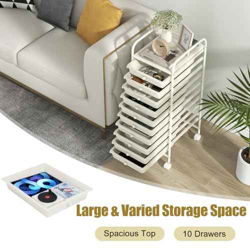 MEDIMALL 10 Drawers Rolling Storage Cart, Multipurpose Craft Storage Cart with Wheels, Mobile Tools Scrapbook Paper Organizer Cart for Office School Home Use