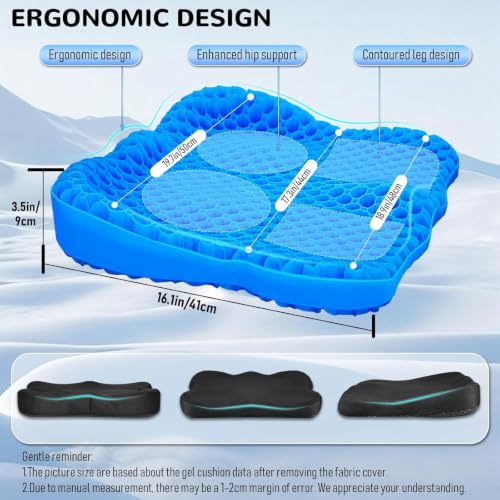 NEW-Vi Gel Seat Cushion XL 19.7x16.1x3.5 in Blue – Thick Honeycomb Gel, Breathable, Anti-Slip Cover
