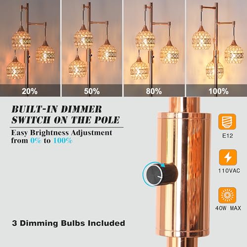 Dimmable Crystal Floor Lamp 3-Light Industrial Floor Lamp for Farmhouse Rose Gold Tree Lamp Standing Lamp with 3 Elegant Crystal lampshades for Living Room Bedroom (Rose Gold)