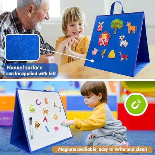 Felt Flannel Board/Dry Erase White Board for Toddlers,17.3 * 17.3in,Double-Sided,Folding,Standing,for Wall,Classroom,Preschool,Kiddie Corner,Interactive,Gifts for Kid