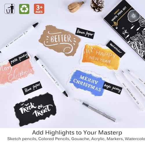 HNIHUY White Ink Pens, Fine Point White Gel Pens, Brush Tip Acrylic Markers, Dual-Tip Opaque Paint Pens for Black Paper Drawing, Sketching, Illustration, Card Making, 6 Pack