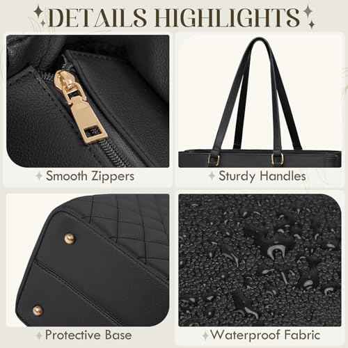 RAINSMORE Laptop Bag for Women 15.6 Inch Work Tote Bags Leather Laptop Tote Professional Laptop Purse Computer Handbag Womens Briefcase Tote with Clutch for Teacher Office Travel, Black