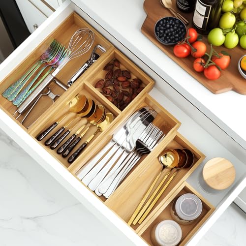 MapleGrace Bamboo Drawer Organizer Set - 5 pcs Natural Wood Storage Bins