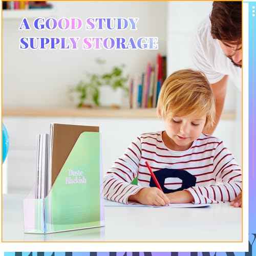 2 Pcs Iridescent Vertical Magazine File Holder Acrylic Magazine Holder Storage Organizer Plastic Clear Acrylic Rack for Office Classroom Home Document Paper Book Collection