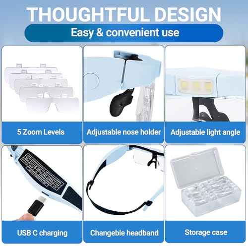YOCTOSUN Magnifying Glasses with Light, Magnifier Headset with 5 Detachable Lenses 0.75X-4.0X and 3 LED Lights, Rechargeable Hands Free Head Magnifying Glass for Close Work Hobby Crafts Jewelry