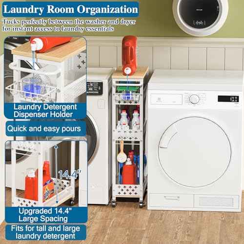 Rolling Slim Storage Cart, 4-Tier Narrow Bathroom Laundry Room Organization Cart, Metal Kitchen Storage Mobile Shelf Unit Organizer with Wood Top, Slim Utility Cart with Wheels for Small Space