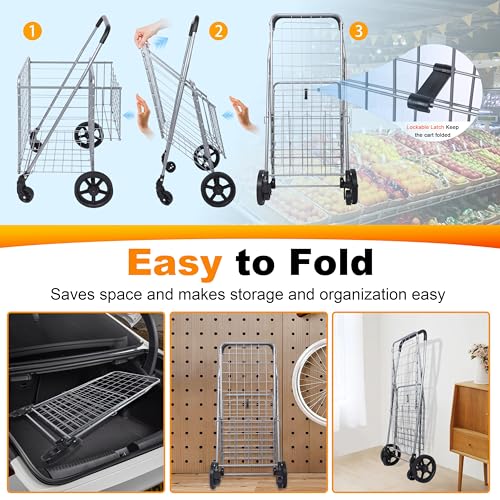 Whitmor Utility Folding Shopping Cart, 115L Heavy Duty Grocery Cart with Double Basket, 360¡Æ Swivel Wheels, Foldable Rolling Utility Trolley, 110 Lbs Capacity for Grocery, Laundry, Travel, Sliver