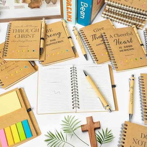 ANGOLIO Thanksgiving Christmas Christian Gift Set 60Pcs Bulk Sunday School Bible Ballpoint Pens Spiral Religious Notebooks with Sticky Notepads Birthday Gifts for Kid Boy Girl Pastor Teachers Students