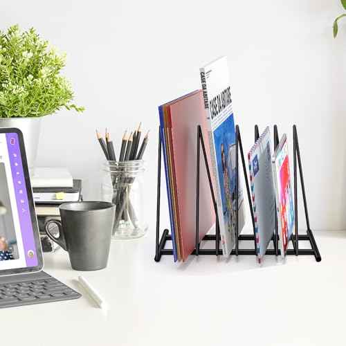 Triangle Desk File Organizer, 7 Slots Metal File Sorter Magazine Holder Document Rack,Desktop Bookshelf Organizer for Office Home School,Black