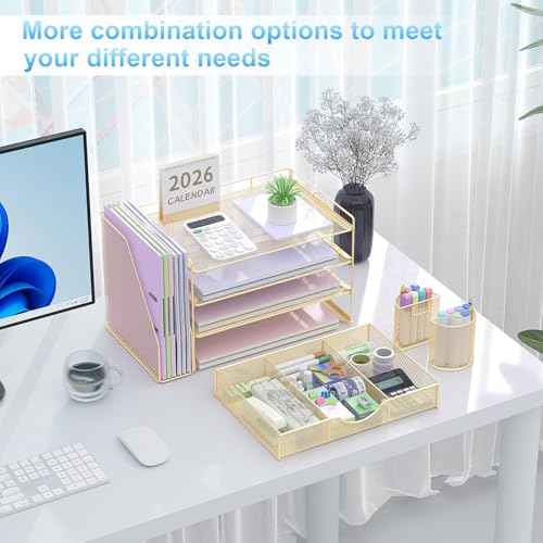 gianotter Desk Organizers and Accessories with File Holder, 4-Tier Desk Accessories & Workspace Organizers with Drawer and 2 Pen Holder, Paper Organizer for Office Supplies(Gold)