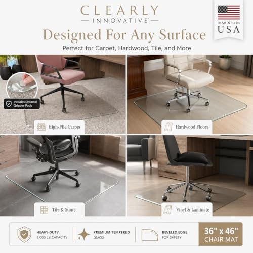 Tempered Glass Office Chair Mat 36"x46" for Carpet & Hard Floors – Clear (Non-Tabbed, 1/4" Thick) by Clearly Innovative