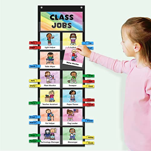 ABCxGOOD Classroom Jobs Pocket Chart Black 29.5 x 10 inches with 40 Cards