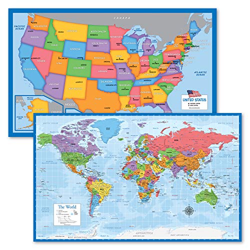 2 Pack Kids USA & Blue Ocean World Map Posters Laminated 18x29 Inches