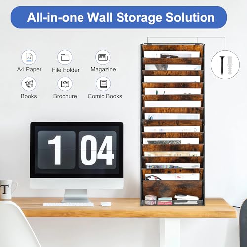 12-Tier Wall File Organizer, Wood Mail Organizer Wall Mounted Paper Document Magazine Holder, Hanging Clipboard Storage Basket with Tray for Office Home School Organization, Black/Antique