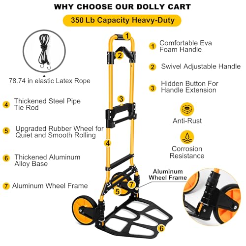 350 LB Capacity Upgraded Folding Hand Truck Dolly,Portable Dolly Cart with Telescoping Handle£¬Rubber Wheels and Aluminum Wheel Frame for Moving,Shopping,Travel,Office Use.