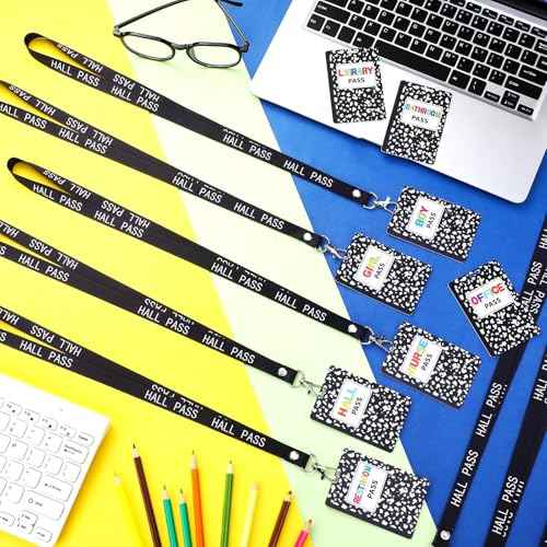 16 Pcs PVC Hall Pass Lanyards Composition Book Unbreakable Hall Passes Writeable Passes for Classrooms Bathroom Pass for Bathroom Library Office Nurse School Supplies