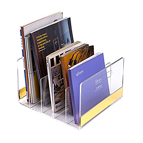 Mouchoi Modern Acrylic Desk File Organizer, Clear File Organizer, Acrylic Magazine Holder, 5 Compartments, Gold Trim