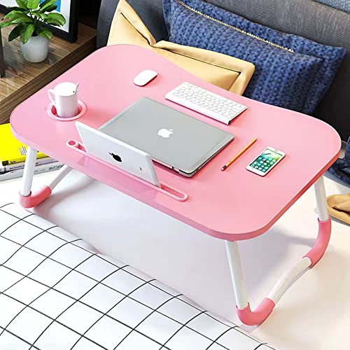 Pink Foldable Laptop Desk Bed Tray with Storage Drawer & Cup Holder